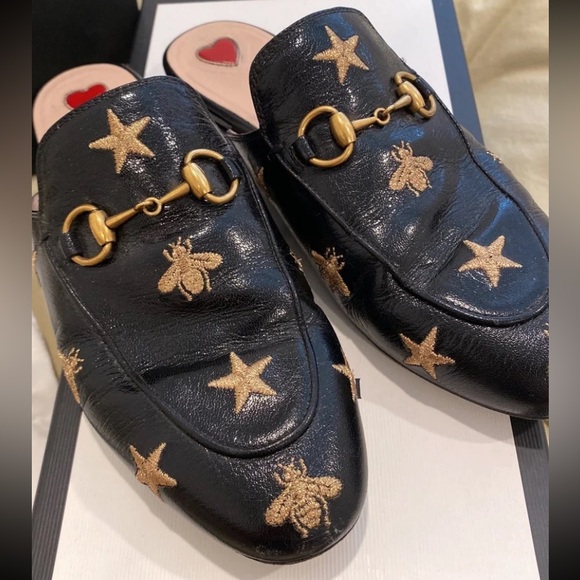 GUCCI Princetown Leather Slipper Mules Quentin Nero Bees Stars Shoes Slip Ons - Picture 4 of 10